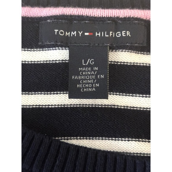 Tommy Hilfiger Nautical Preppy Navy Blue Logo Striped Pullover Sweater Sz Large - Picture 6 of 10